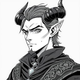 anime style greyscale illustration of a male tiefling wizard from the shoulders up