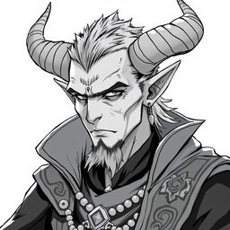 anime style greyscale illustration of a male tiefling wizard from the shoulders up