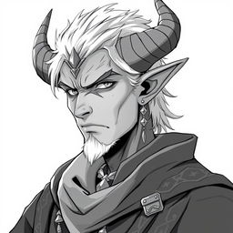 anime style greyscale illustration of a male tiefling wizard from the shoulders up