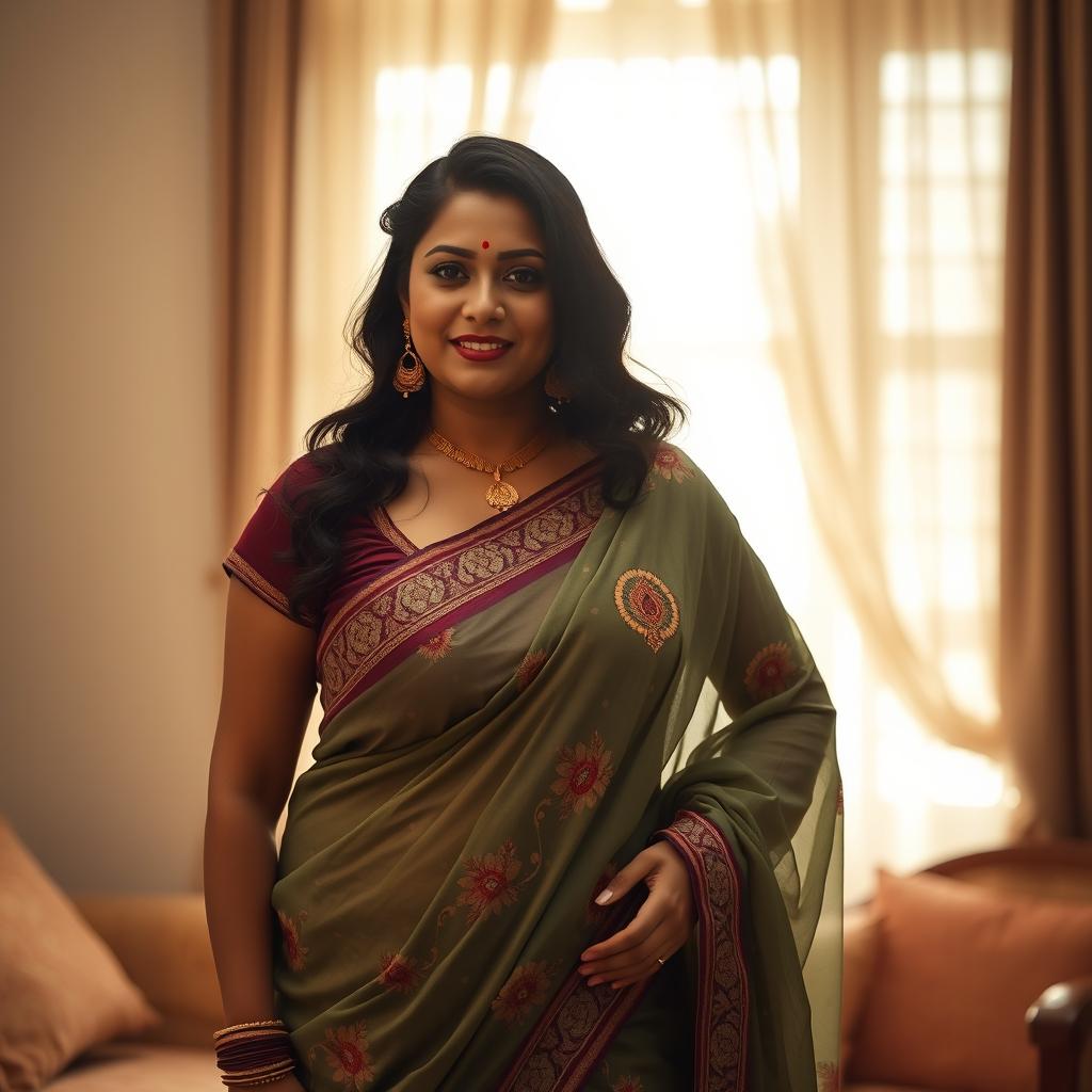 A captivating image focusing on an Indian aunt's figure, highlighting a curvaceous and confident pose