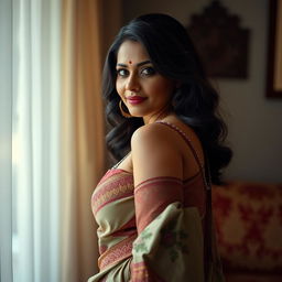 A captivating image focusing on an Indian aunt's figure, highlighting a curvaceous and confident pose