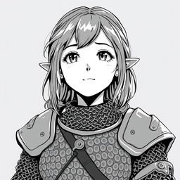 anime style greyscale illustration of a female halfling cleric in chainmail from the shoulders up