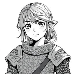 anime style greyscale illustration of a female halfling cleric in chainmail from the shoulders up