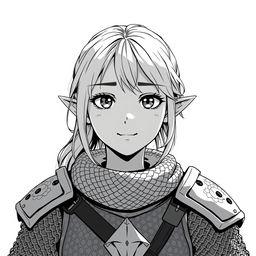 anime style greyscale illustration of a female halfling cleric in chainmail from the shoulders up