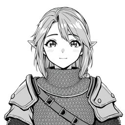 anime style greyscale illustration of a female halfling cleric in chainmail from the shoulders up