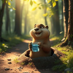 In the morning, on a forest path, a brown marmot is standing inside a hole, holding a cup of water