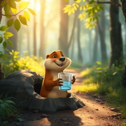 In the morning, on a forest path, a brown marmot is standing inside a hole, holding a cup of water