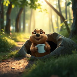 In the morning, on a forest path, a brown marmot is standing inside a hole, holding a cup of water