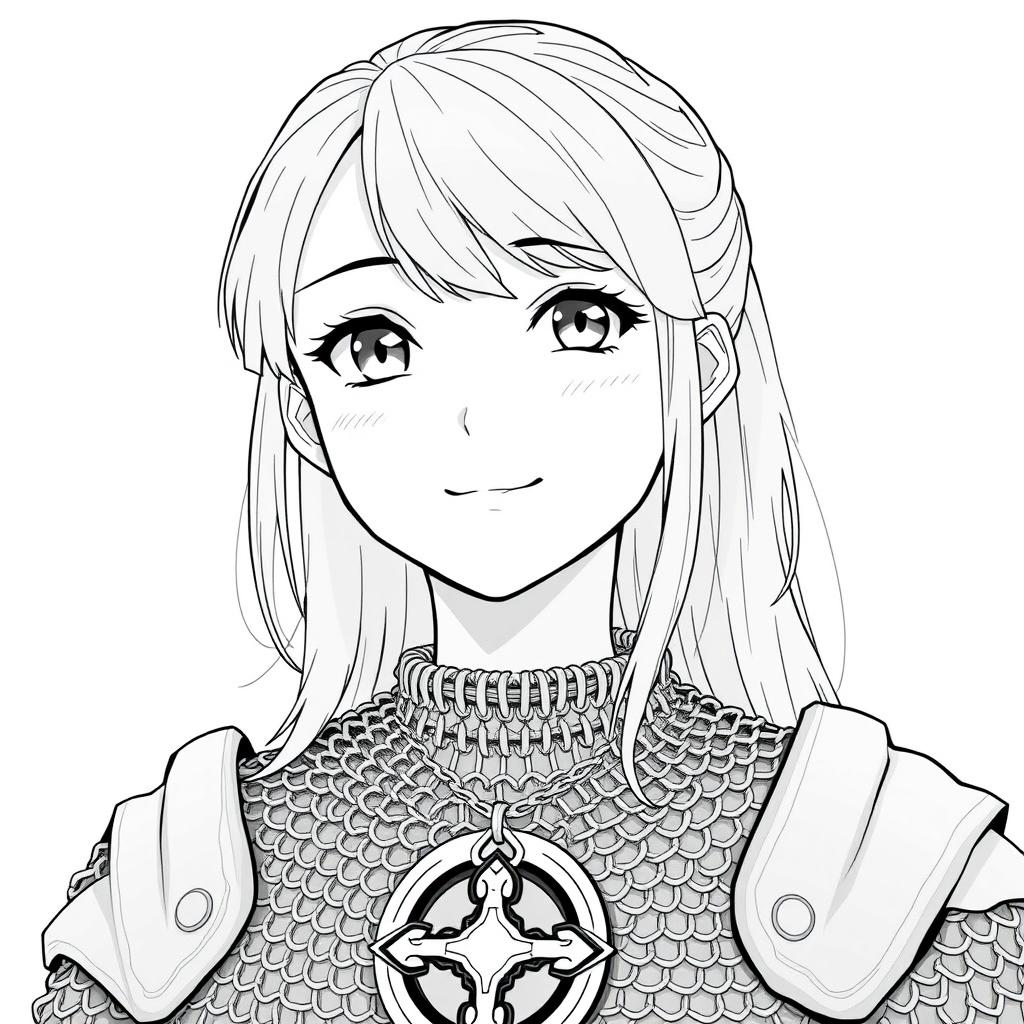 anime style greyscale illustration of a female hobbit cleric in chainmail with a medallion from the shoulders up