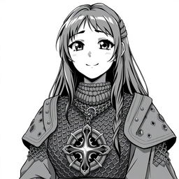 anime style greyscale illustration of a female hobbit cleric in chainmail with a medallion from the shoulders up