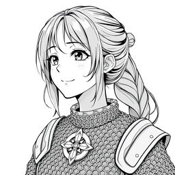 anime style greyscale illustration of a female hobbit cleric in chainmail with a medallion from the shoulders up