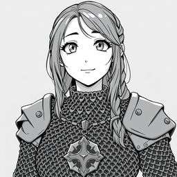 anime style greyscale illustration of a female hobbit cleric in chainmail with a medallion from the shoulders up