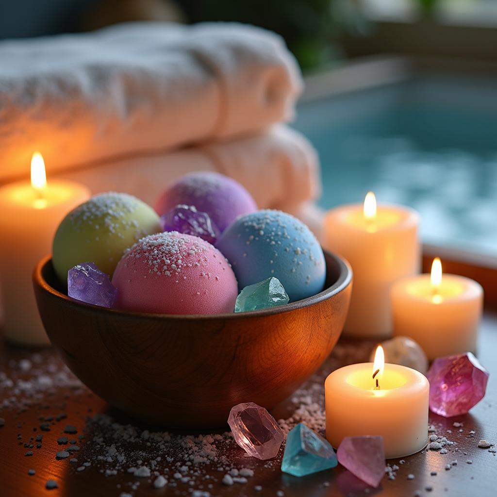 A serene and calming spa setting featuring an assortment of colorful bath bombs and shimmering crystals