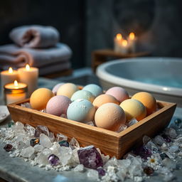 A serene and luxurious spa setting showcasing an array of colorful bath bombs and radiant crystals