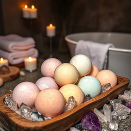 A serene and luxurious spa setting showcasing an array of colorful bath bombs and radiant crystals