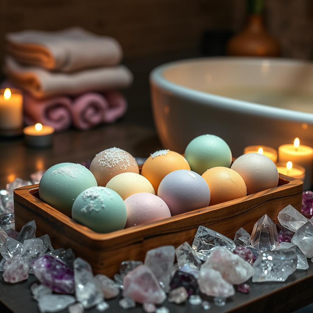 A serene and luxurious spa setting showcasing an array of colorful bath bombs and radiant crystals