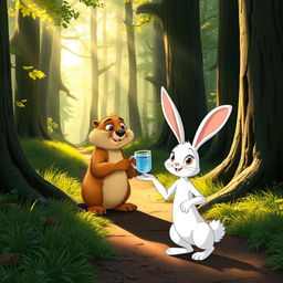 In the morning on a forest path, a brown marmot stands inside a hole, holding out a cup of water to an angry white bunny