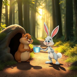 In the morning on a forest path, a brown marmot stands inside a hole, holding out a cup of water to an angry white bunny