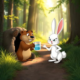 In the morning on a forest path, a brown marmot stands inside a hole, holding out a cup of water to an angry white bunny