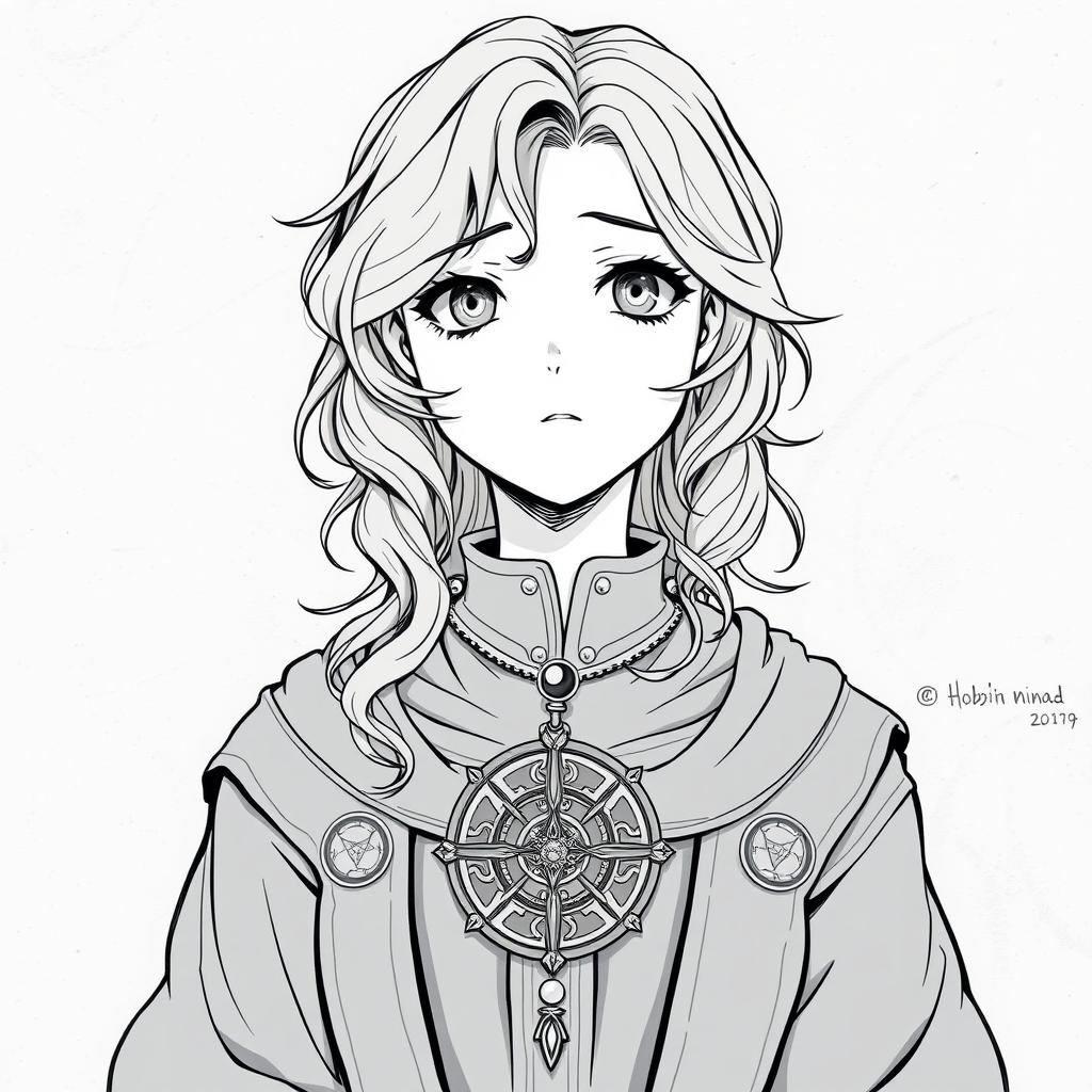 Anime style greyscale illustration of a female hobbit priest, portrayed from the shoulders up