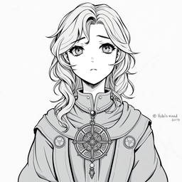 Anime style greyscale illustration of a female hobbit priest, portrayed from the shoulders up