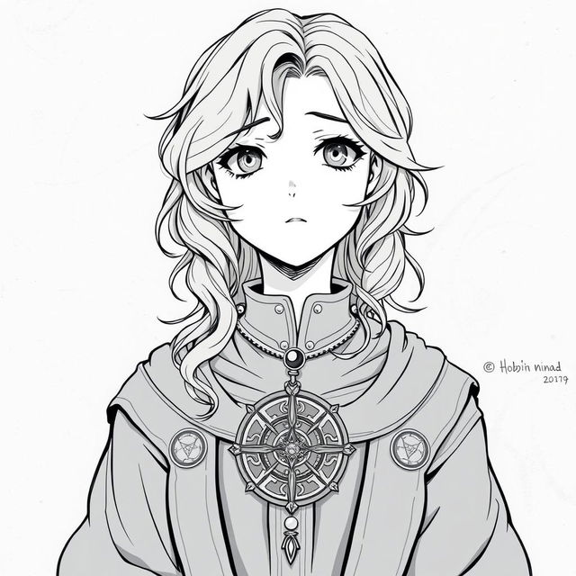 Anime style greyscale illustration of a female hobbit priest, portrayed from the shoulders up