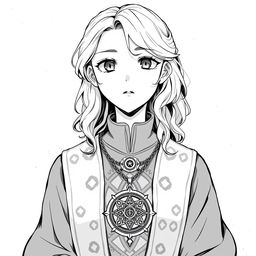 Anime style greyscale illustration of a female hobbit priest, portrayed from the shoulders up