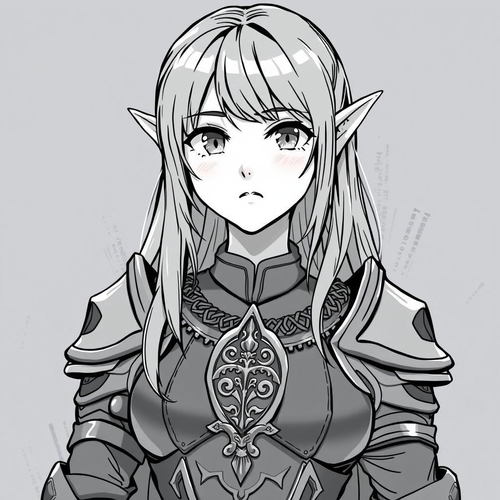 Anime style greyscale illustration of a female elf paladin, depicted from the shoulders up