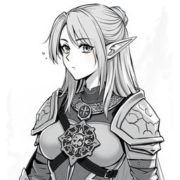 Anime style greyscale illustration of a female elf paladin, depicted from the shoulders up