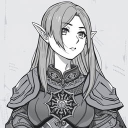 Anime style greyscale illustration of a female elf paladin, depicted from the shoulders up