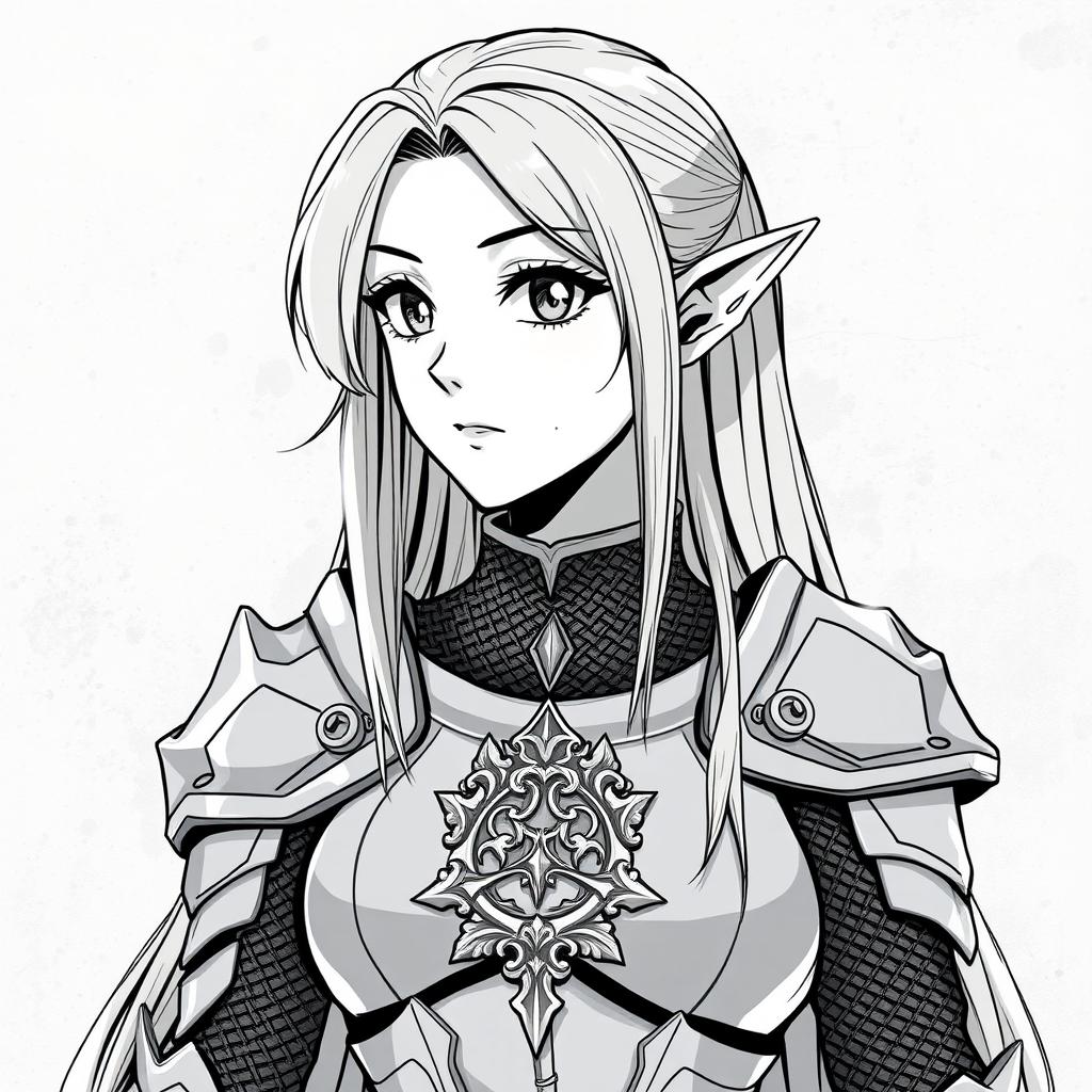 Anime style greyscale illustration of a female elf paladin, depicted from the shoulders up