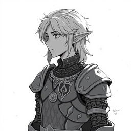 Anime style greyscale illustration of a male elf paladin, shown from the shoulders up