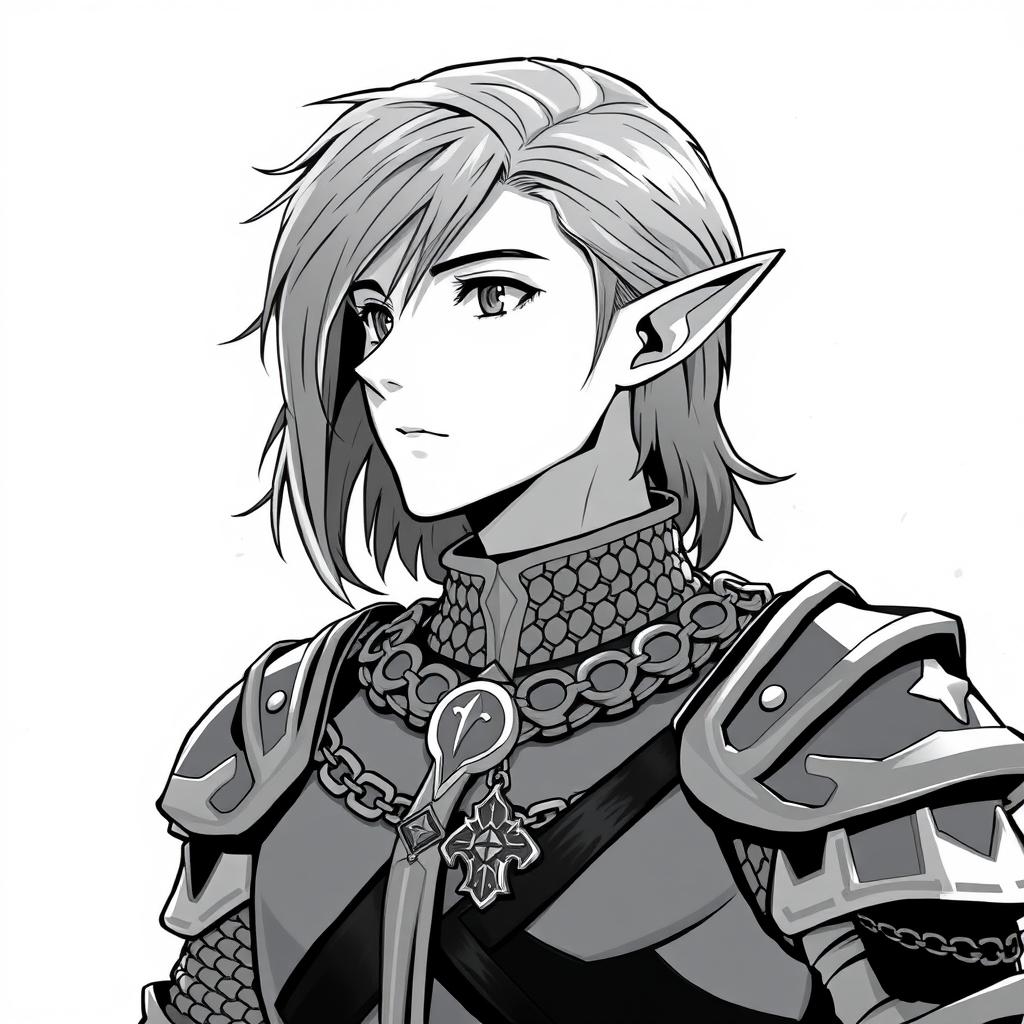 Anime style greyscale illustration of a male elf paladin, shown from the shoulders up