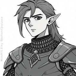 Anime style greyscale illustration of a male elf paladin, shown from the shoulders up