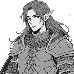 Anime style greyscale illustration of a male elf paladin, shown from the shoulders up