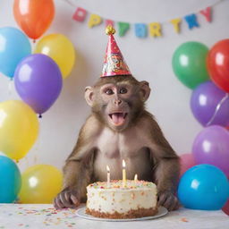 A jubilant monkey wearing a party hat and a 'Barx' t-shirt, surrounded by balloons and a festive birthday cake with lit candles