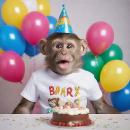 A jubilant monkey wearing a party hat and a 'Barx' t-shirt, surrounded by balloons and a festive birthday cake with lit candles