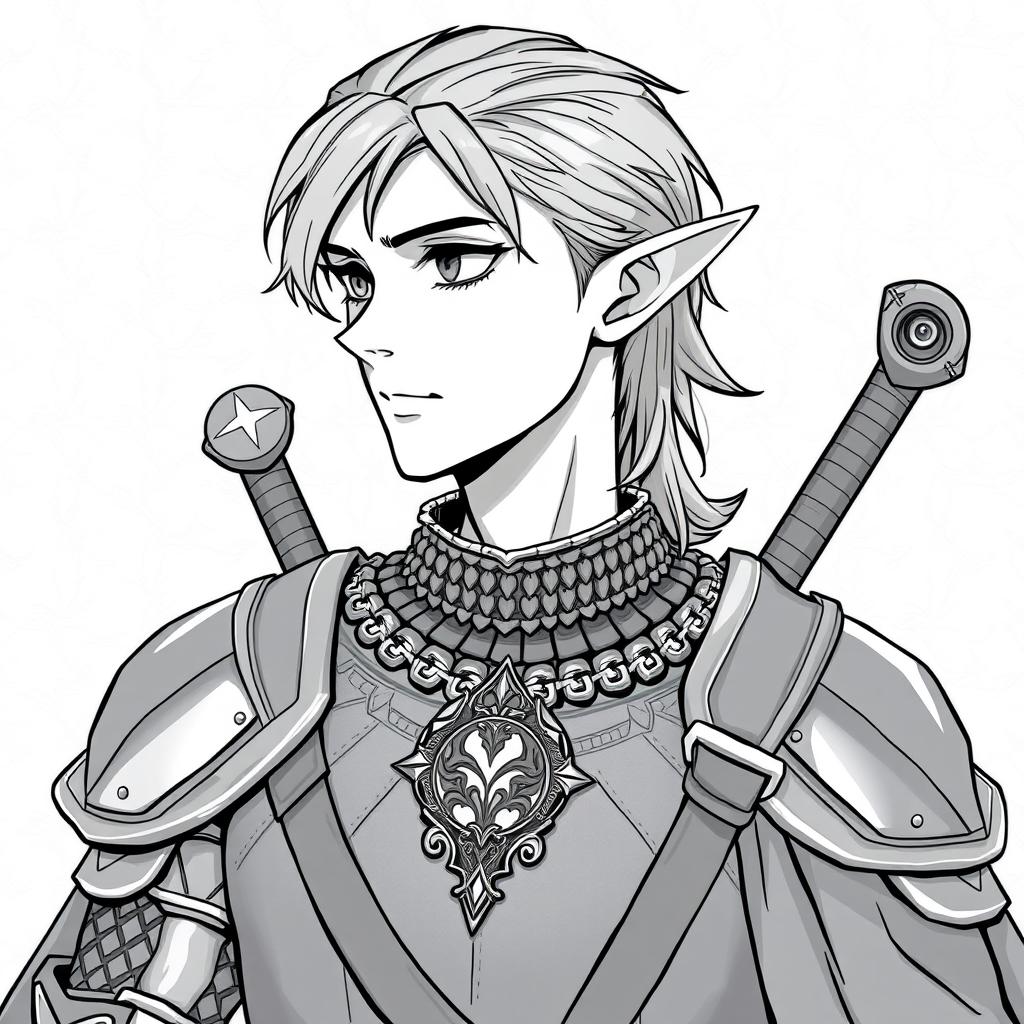 Anime style greyscale illustration of a male elf paladin, shown from the shoulders up