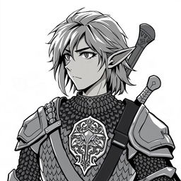 Anime style greyscale illustration of a male elf paladin, shown from the shoulders up