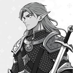 Anime style greyscale illustration of a male elf paladin, shown from the shoulders up