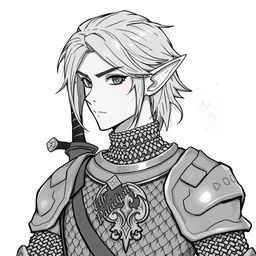 Anime style greyscale illustration of a male elf paladin, shown from the shoulders up