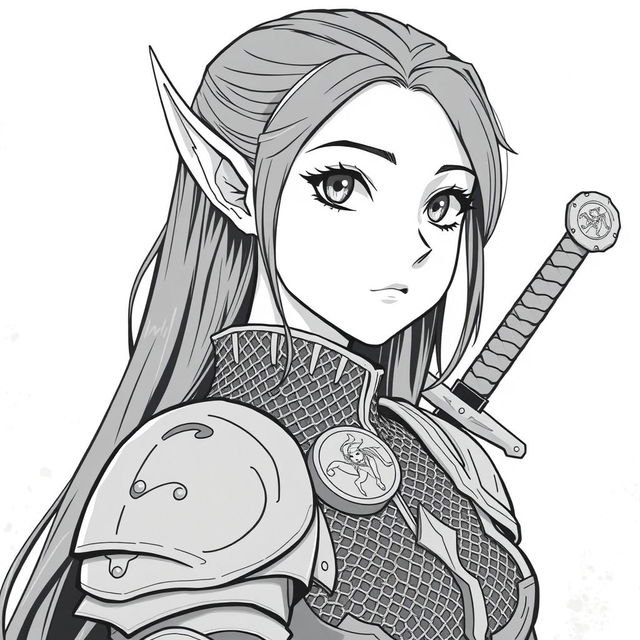 Anime style greyscale illustration of a female elf paladin, shown from the shoulders up