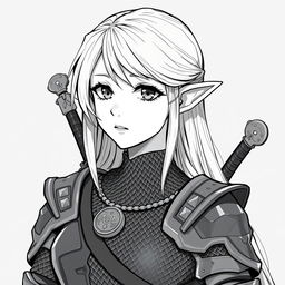 Anime style greyscale illustration of a female elf paladin, shown from the shoulders up