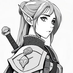 Anime style greyscale illustration of a female elf paladin, shown from the shoulders up