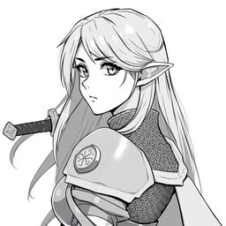 Anime style greyscale illustration of a female elf paladin, shown from the shoulders up