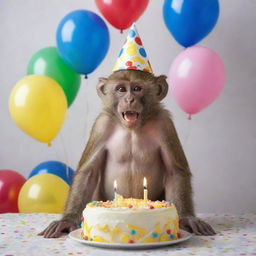 A jubilant monkey wearing a party hat and a 'Barx' t-shirt, surrounded by balloons and a festive birthday cake with lit candles