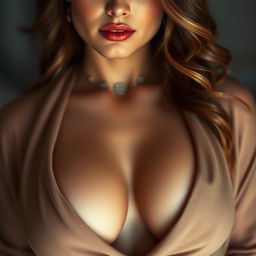 A woman with a focus on her cleavage, where the chest area is artistically accentuated without changing her facial features