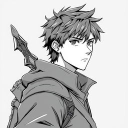 Anime style greyscale illustration of a male human ranger, shown from the shoulders up