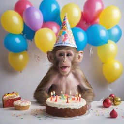 A jubilant monkey wearing a party hat and a 'Barx' t-shirt, surrounded by balloons and a festive birthday cake with lit candles