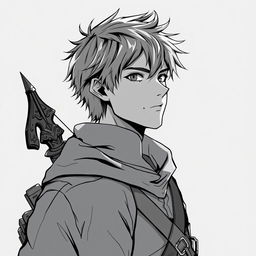 Anime style greyscale illustration of a male human ranger, shown from the shoulders up